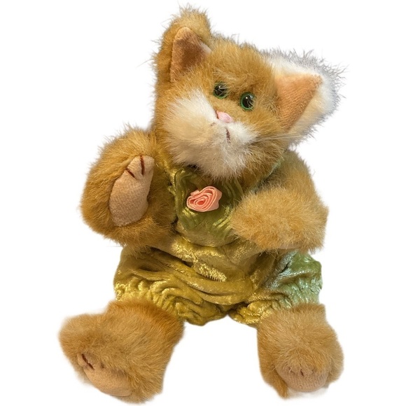 Vintage TY Collectible Stuffed Cat velvet Dress Pouncer Brown and Green - Picture 1 of 9
